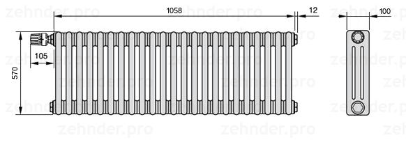 Схема (чертеж) Радиатор Zehnder Charleston 3057/23 №V011 Technoline TL